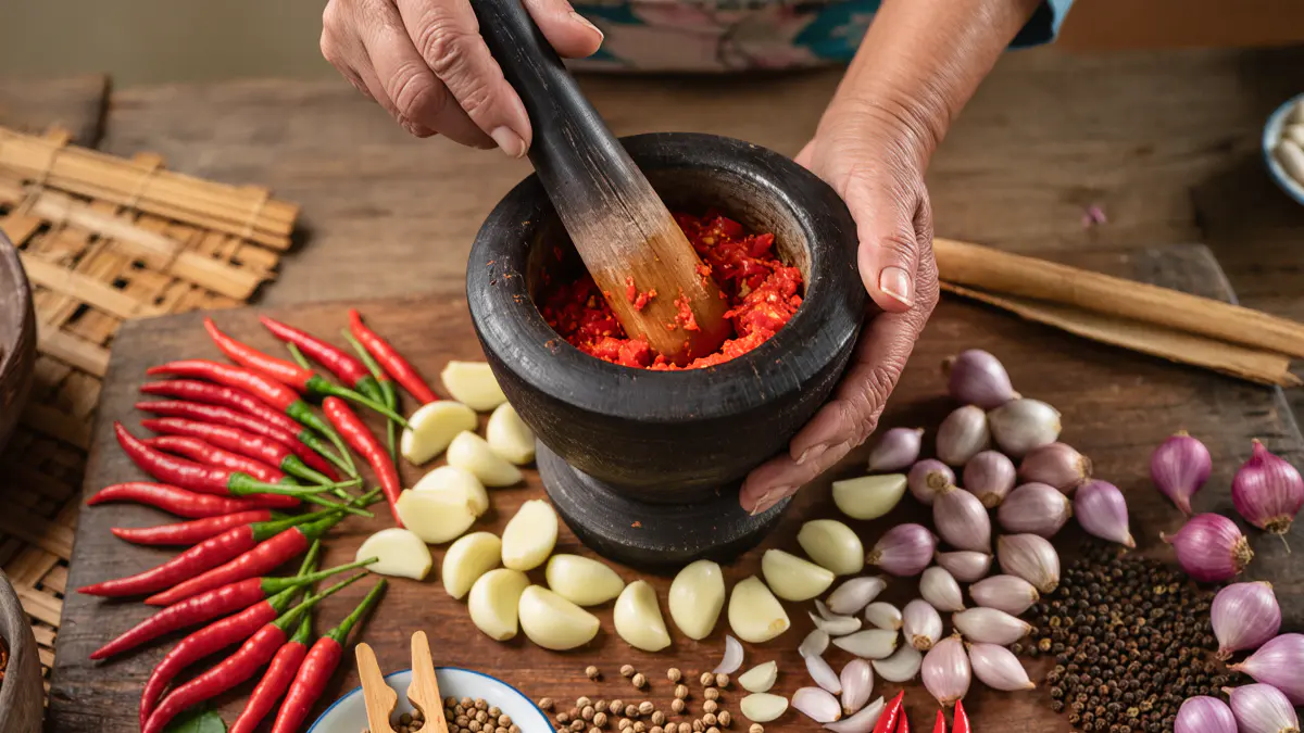 Chef Yossie making authentic Indonesian sambal using traditional methods
