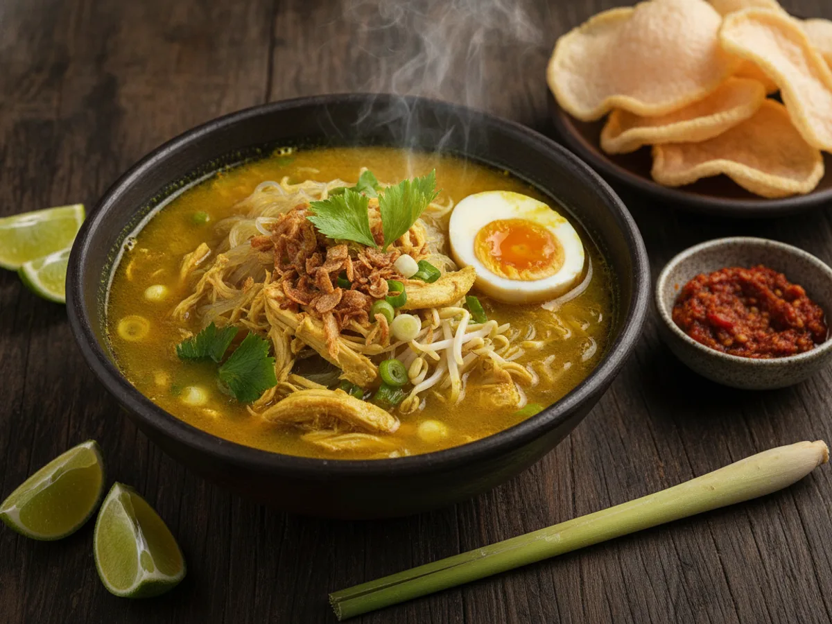 Soto Ayam (Indonesian Turmeric Chicken Soup) - Indonesian recipe with sambal