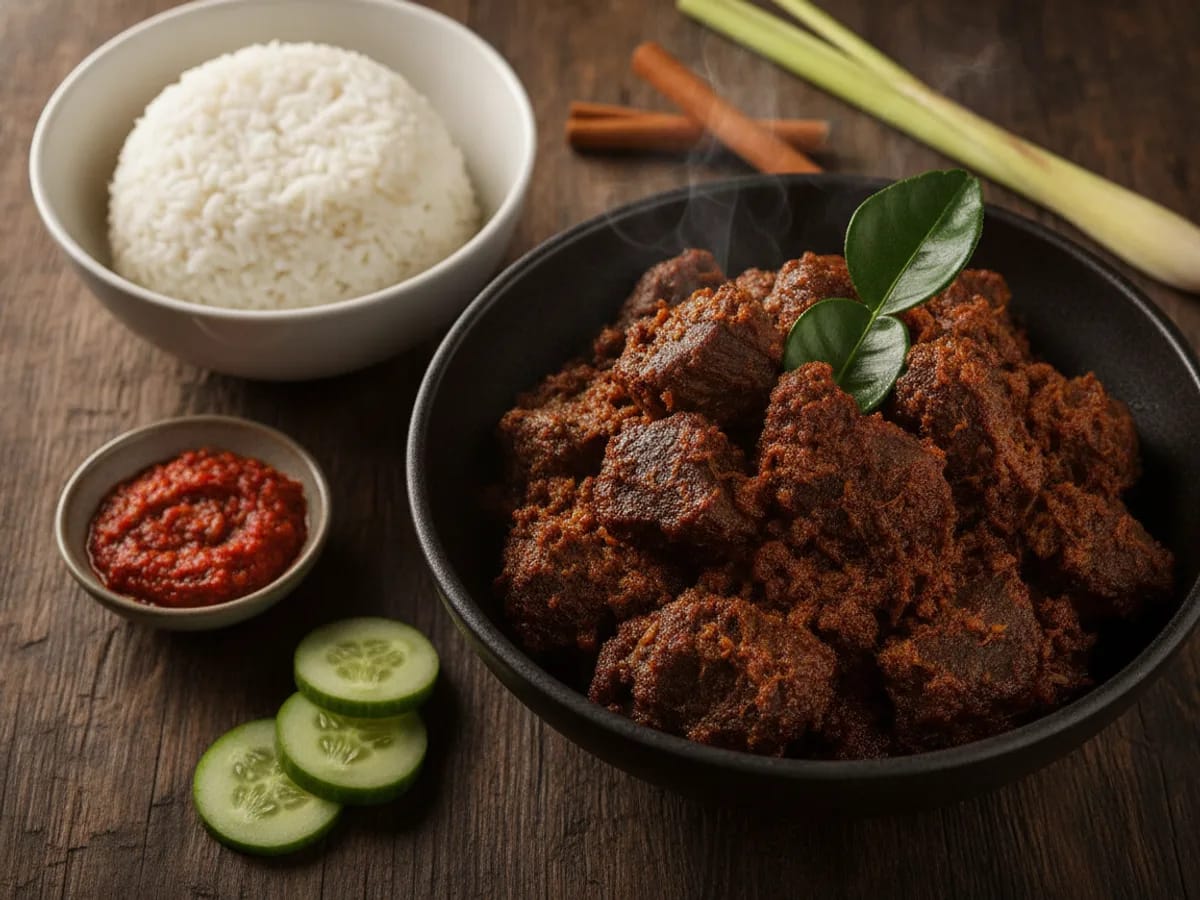 Beef Rendang (Slow-Cooked Indonesian Beef) - Indonesian recipe with sambal