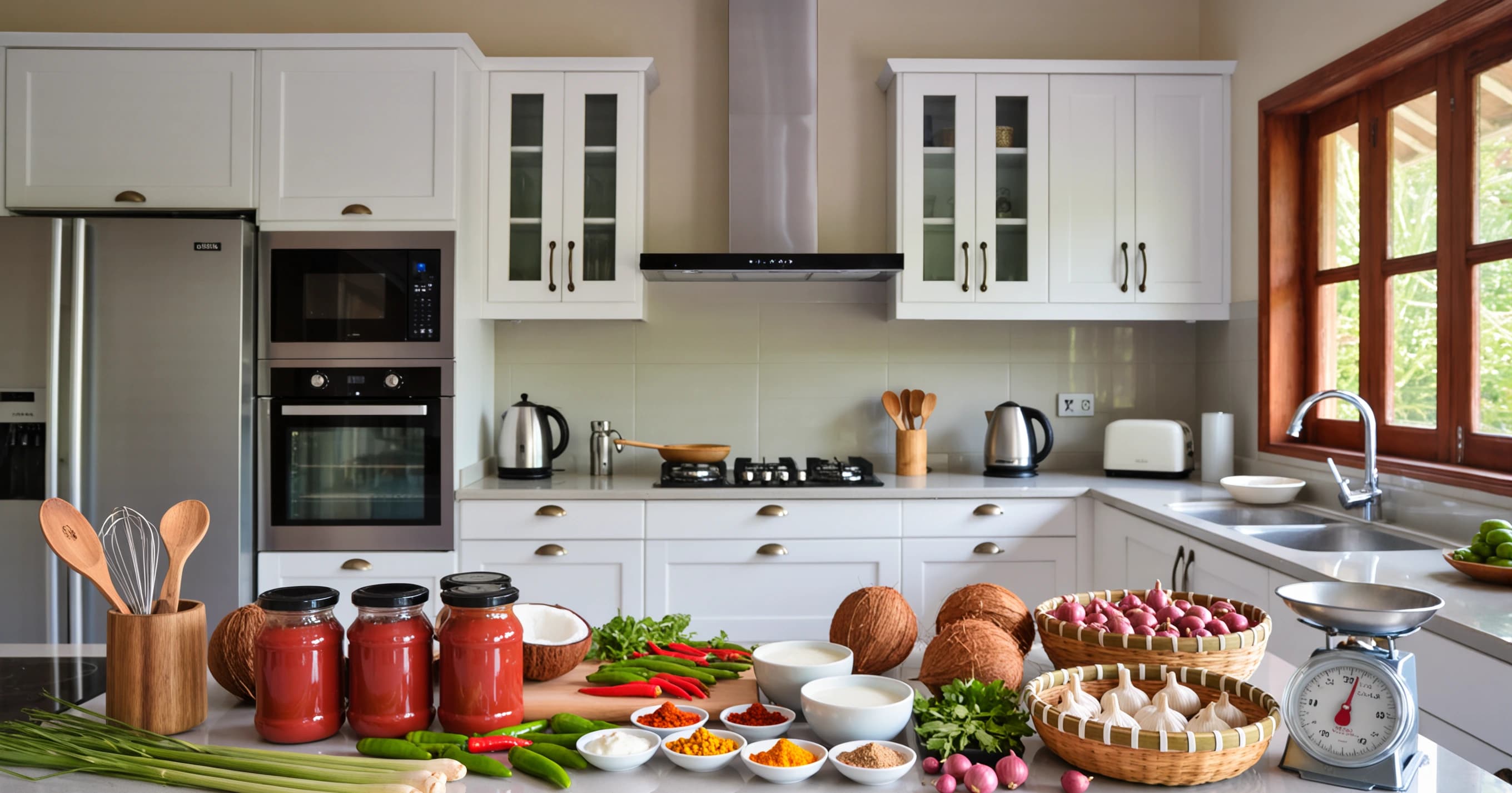 Indonesian spices and ingredients beautifully arranged in British kitchen setting showing accessibility of authentic cooking
