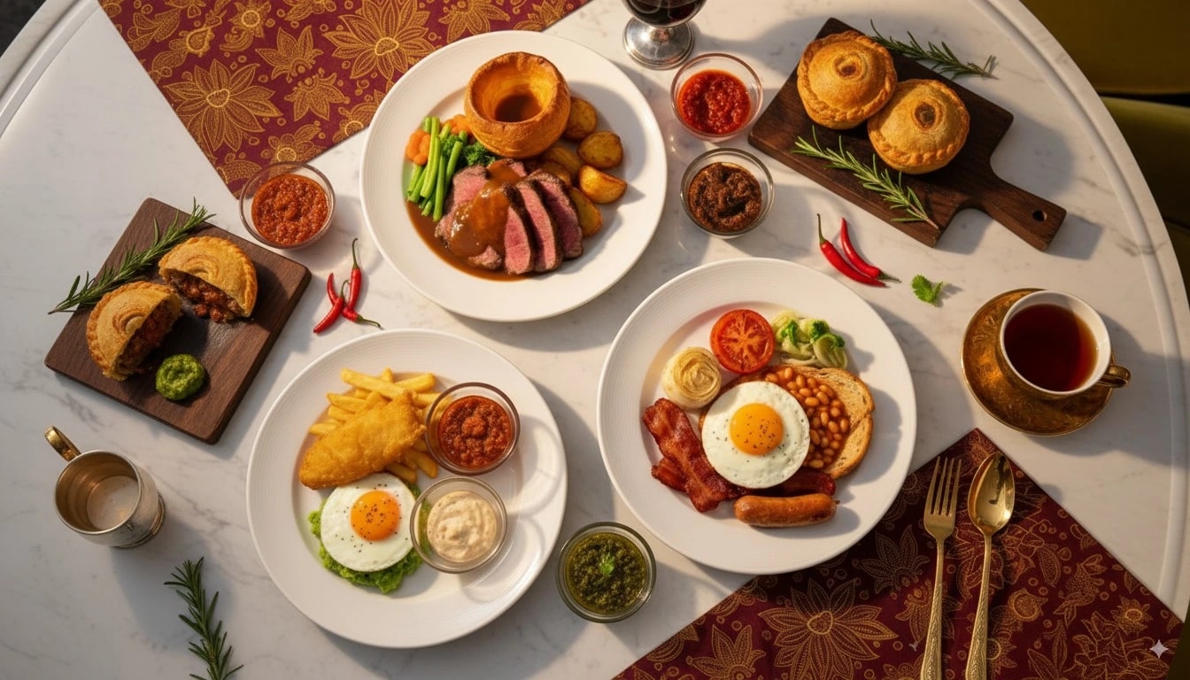 British comfort foods including Sunday roast, fish and chips, and breakfast items beautifully paired with vibrant Indonesian sambal condiments, showing the perfect fusion of British and Indonesian cuisine